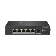 HIKVISION DS-3T0306HP 6 portos ipari PoE switch ; 4 PoE / 1 HiPoE+ / 1 RJ45 + 1 SFP uplink port; nem