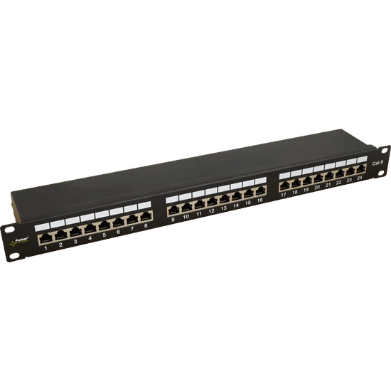 PULSAR RP-F24V6 19" patch panel; 24 port; cat6; árnyékolt; tehermentesítővel; 90 fokos modulok