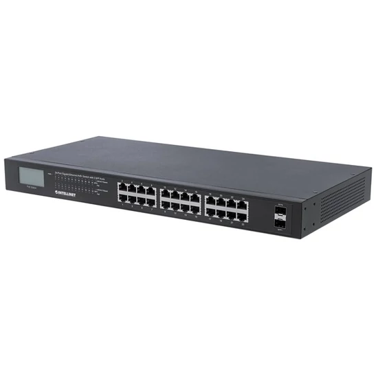 MANHATTAN 561242 Switch PoE - 24 port, 24db 1Gbps PoE++ 2 SFP, rack, LCD kijelző, 802.3at/af, 370W