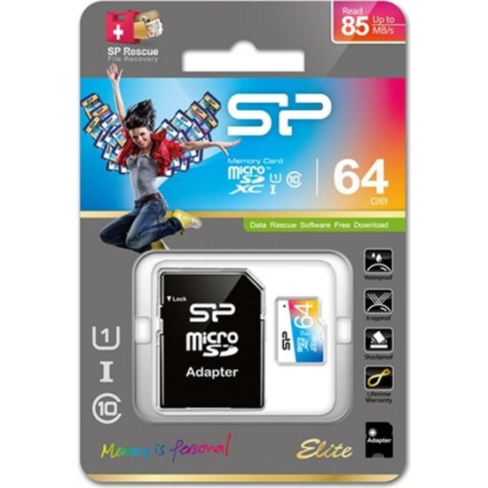 SILICON POWER SP064GBSTXBU1V20SP MicroSD kártya - 64GB microSDXC Elite UHS-1 U1 színes + adapter