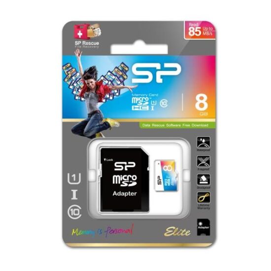 SILICON POWER SP008GBSTHBU1V20SP MicroSD kártya - 8GB microSDHC Elite UHS-1 U1 + adapter