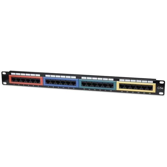MANHATTAN 513678 Patch panel - CAT5e UTP színezett patch panel, 24 portos, 1U, Fekete