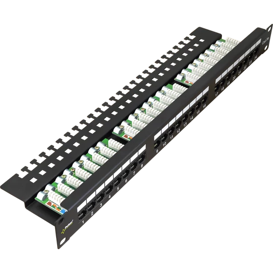 PULSAR RP-U24V5 19" patch panel; 24 port; cat5e; árnyékolatlan; tehermentesítővel; 90 fokos modulok