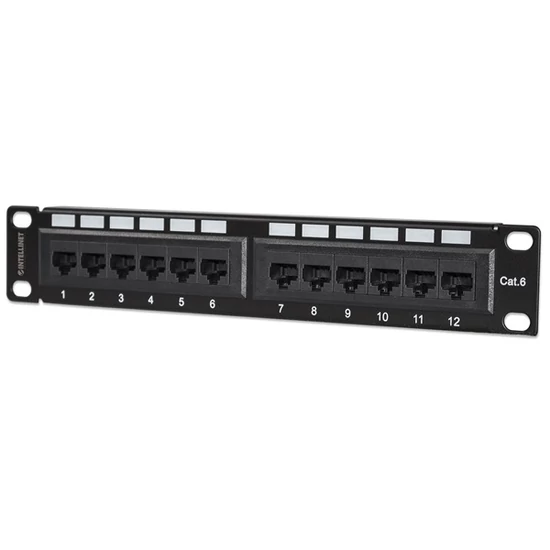 MANHATTAN 720748 Patch panel - CAT6 UTP árnyékolatlan patch panel, 12 portos, 10" 1U, Fekete