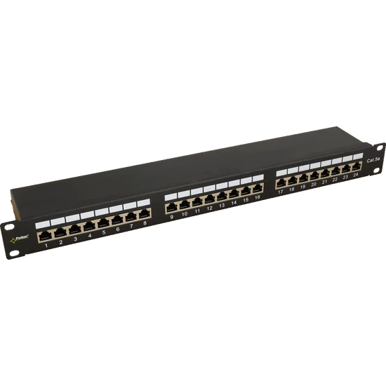 PULSAR RP-F24V5 19" patch panel; 24 port; cat5e; árnyékolt; tehermentesítővel; 90 fokos modulok