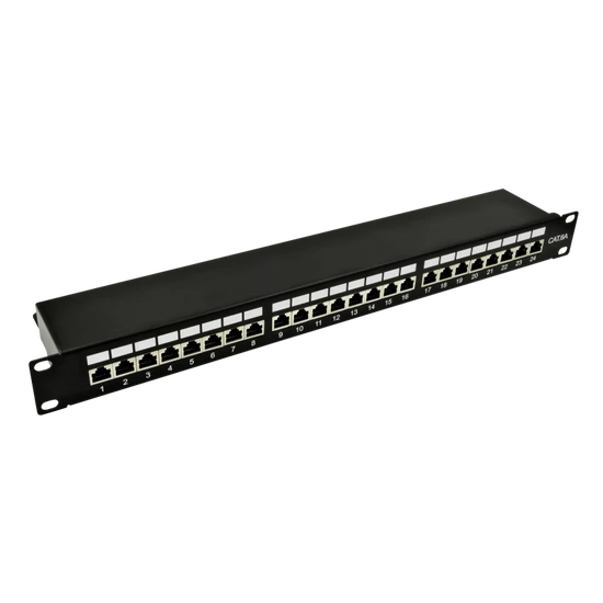 NESTRON NRPP-RJ45-224SF-H 19" patch panel; 24 port; Cat6A; árnyékolt; tehermentesítővel; dual IDC