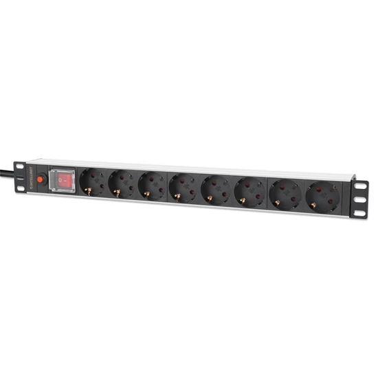 MANHATTAN 713986GIFT elosztó - 19" 1U Rackmount elosztó, 8 aljzat, LED fény, 3m, túlfeszültség védel