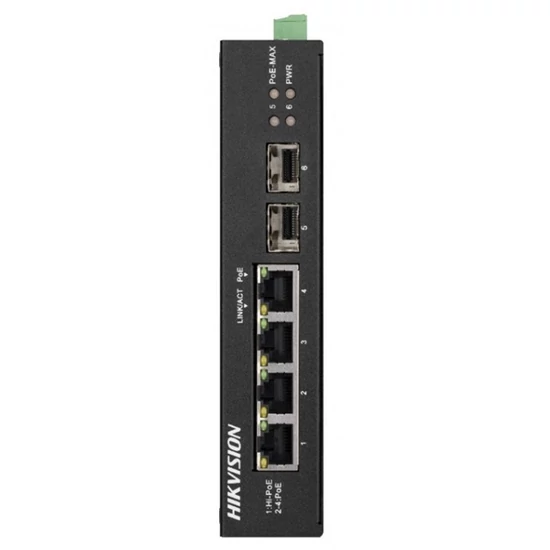 HIKVISION DS-3T0506HP-E/HS 6 portos ipari Gbit PoE switch ; 3 PoE+ / 1 HiPoE / 2 SFP uplink port; ne