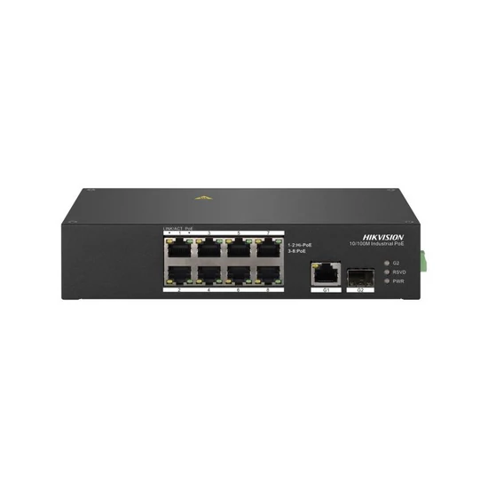 HIKVISION DS-3T0310HP 10 portos ipari PoE switch ; 6 PoE / 2 HiPoE+ / 1 RJ45 + 1 SFP uplink port; nem menedzselhető