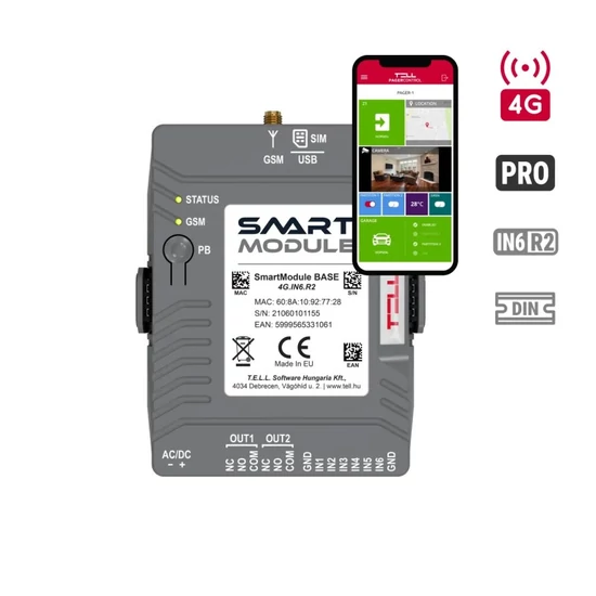 TELL Smart-Module-Base Smart Module Base 4G kommunikátor; 6 zónabemenet; 2 relés kimenet; DIN sínre