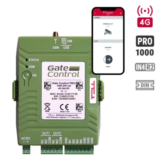 TELL SOFTWARE HUNGÁRIA KFT Gate Control PRO 1000 DIN rail - 4G.IN4.R2 GSM alapú távvezérlő elektromo