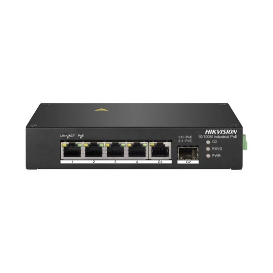 HIKVISION DS-3T0306HP 6 portos ipari PoE switch ; 4 PoE / 1 HiPoE+ / 1 RJ45 + 1 SFP uplink port; nem