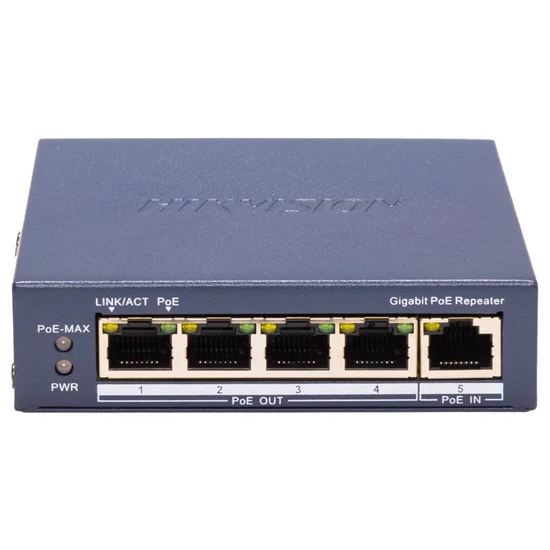 HIKVISION DS-3E0505P-E/R 4 portos gigabit PoE elosztó, extender; max. 200 méter; 60 W PoE budget, 30