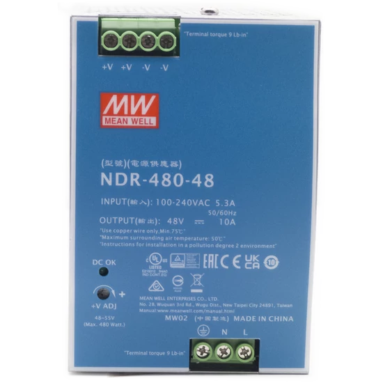 MEAN WELL NDR-480-48 Ipari tápegység; 48V; 10 A; 480W; DIN sínre szerelhető