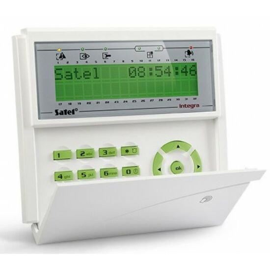 SATEL INT-KLCDR-GR LCD kezelő INTEGRA központokhoz; kártyaolvasóval és lenyíló billentyűzetvédővel; zöld
