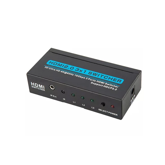 VASEH4K-3 HDMI selector 3in - 1out, 4K 60Hz. Infra távirányító, kábeles infra vevő